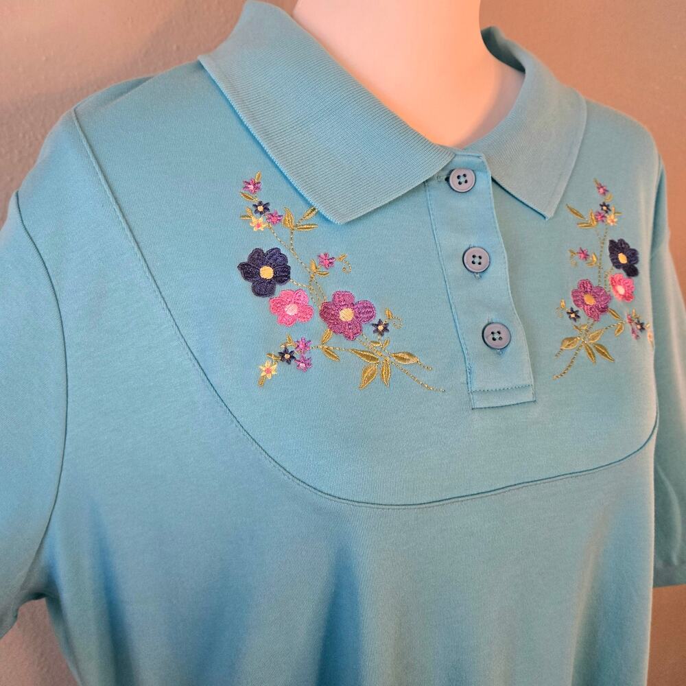 Vintage 90s Mom Floral Embroidered Polo Shirt 2XL Teal Blue Retro Grandma Blair
